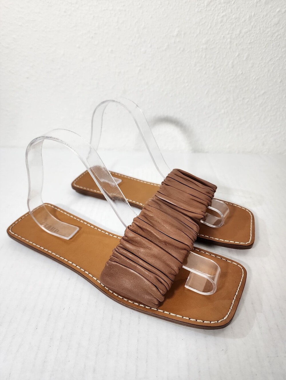 STAUD Nina Ruched Slide Sandals Brown Leather Square Toe EU 39 US 9